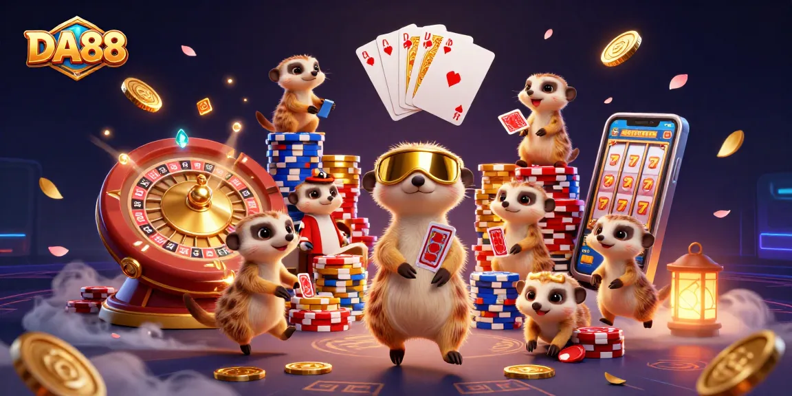 Experience thrilling gameplay at DA88 with this lively 3D meerkat casino scene.