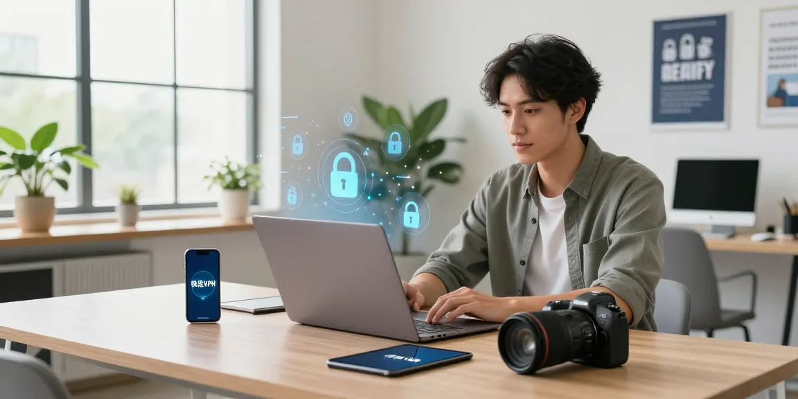 快连 VPN user connecting securely in a bright modern workspace with multiple devices.