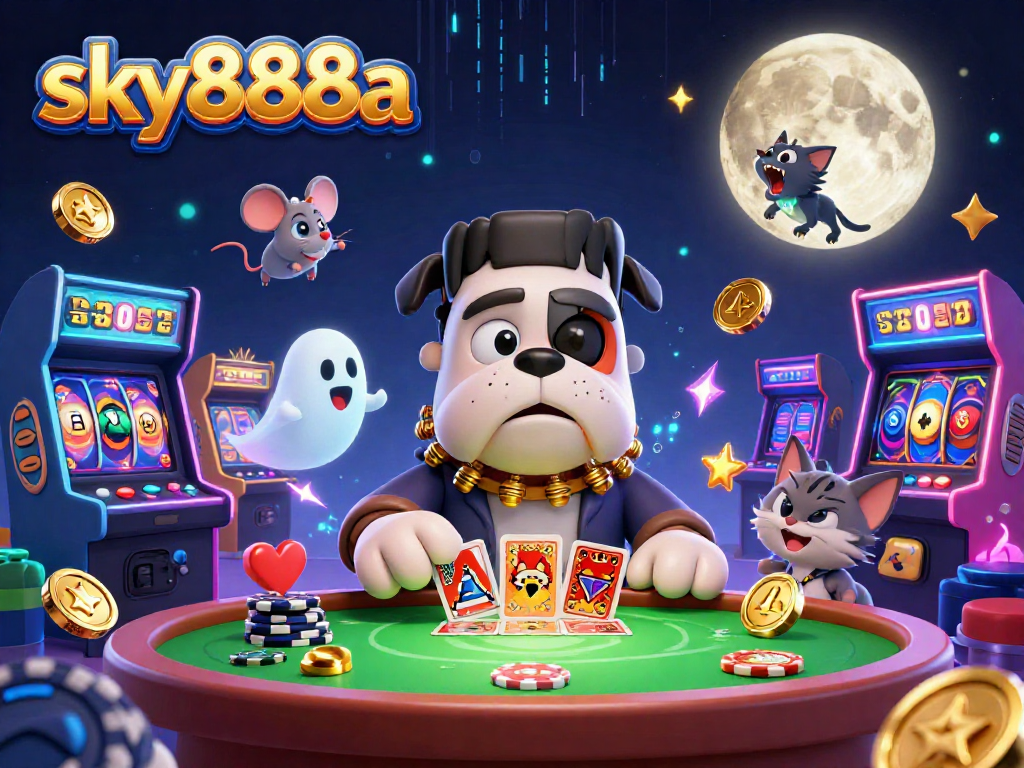 Win jackpots and enjoy gambling fun with sky888a's vibrant 3D casino illustration featuring unique characters.