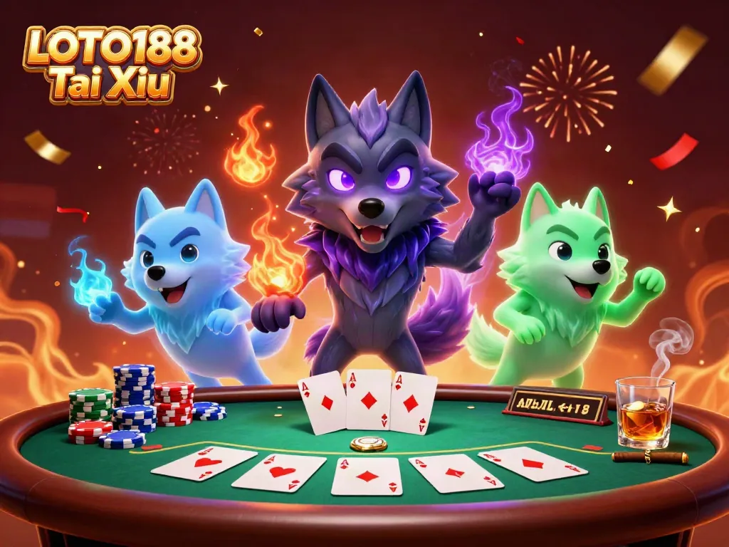Experience thrilling LOTO188 Tai Xiu action with ghostly wolves and vibrant poker dynamics.