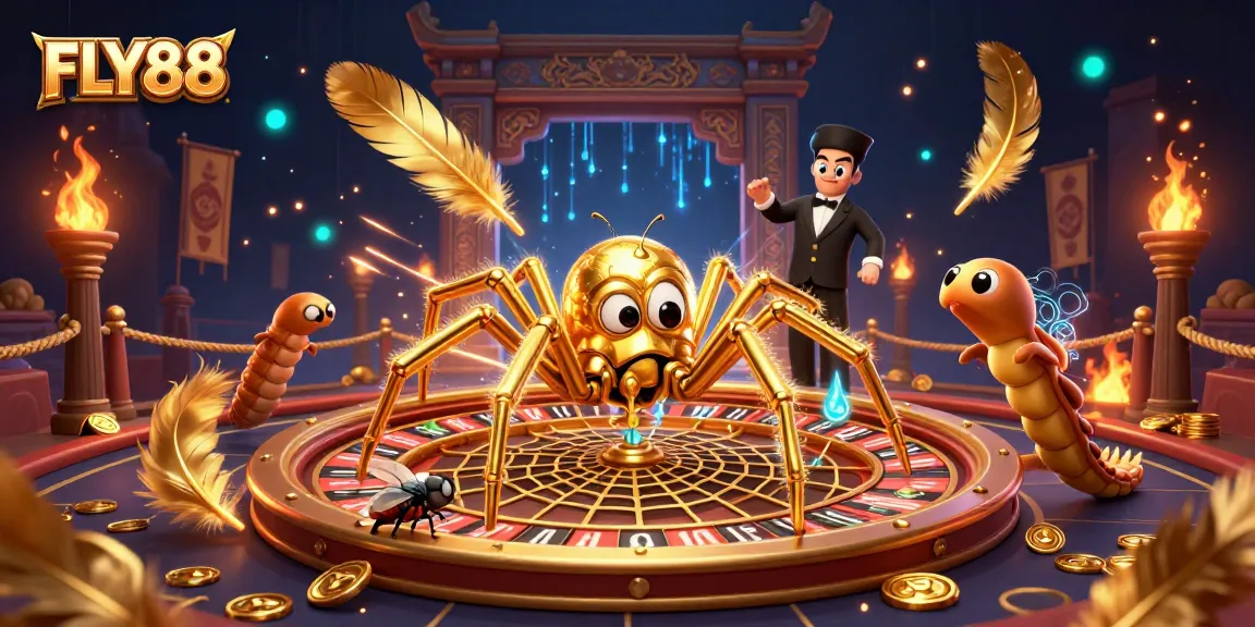FLY88 showcases vibrant casino adventure with a fly betting nervously amidst golden spider and croupier in a roulette web.