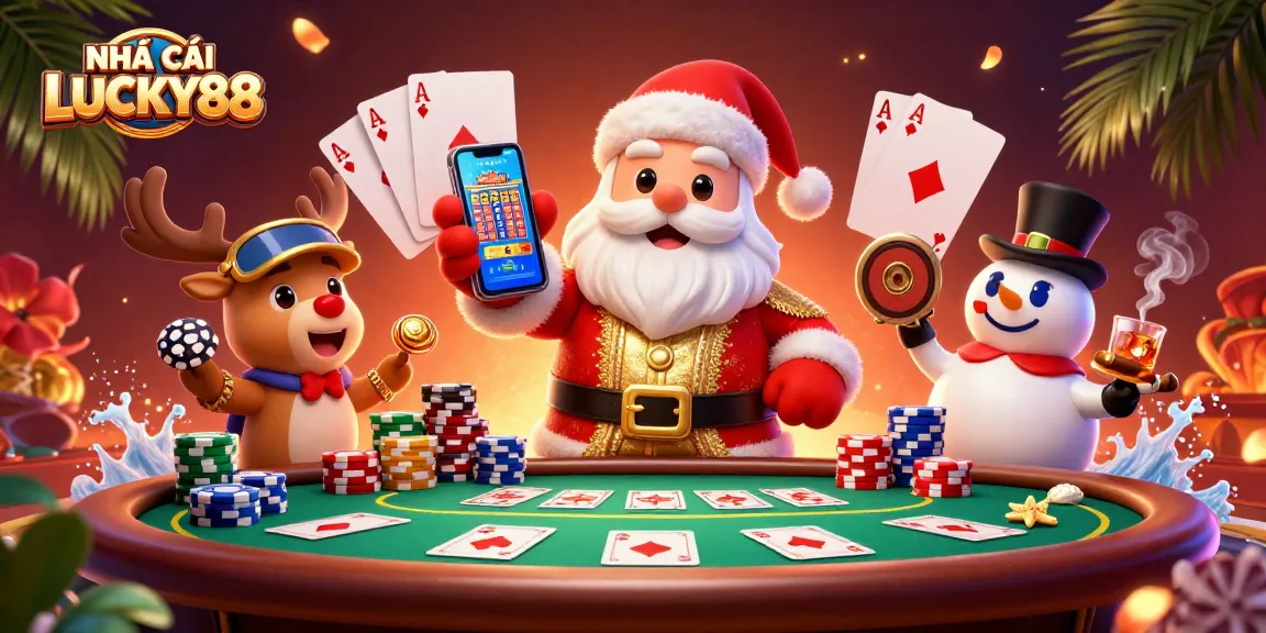 Experience thrilling gameplay at NHÀ CÁI LUCKY88 with a festive casino scene featuring Santa and friends.