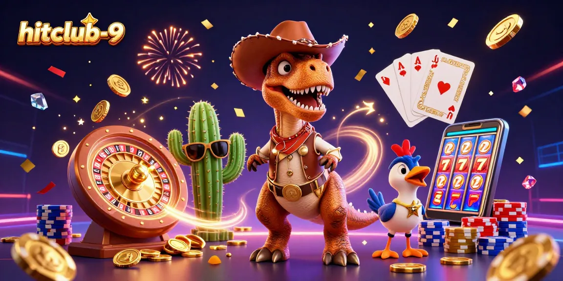 Play and win big at hitclub-9 with a lively T-Rex dinosaur and fortune-themed casino elements.