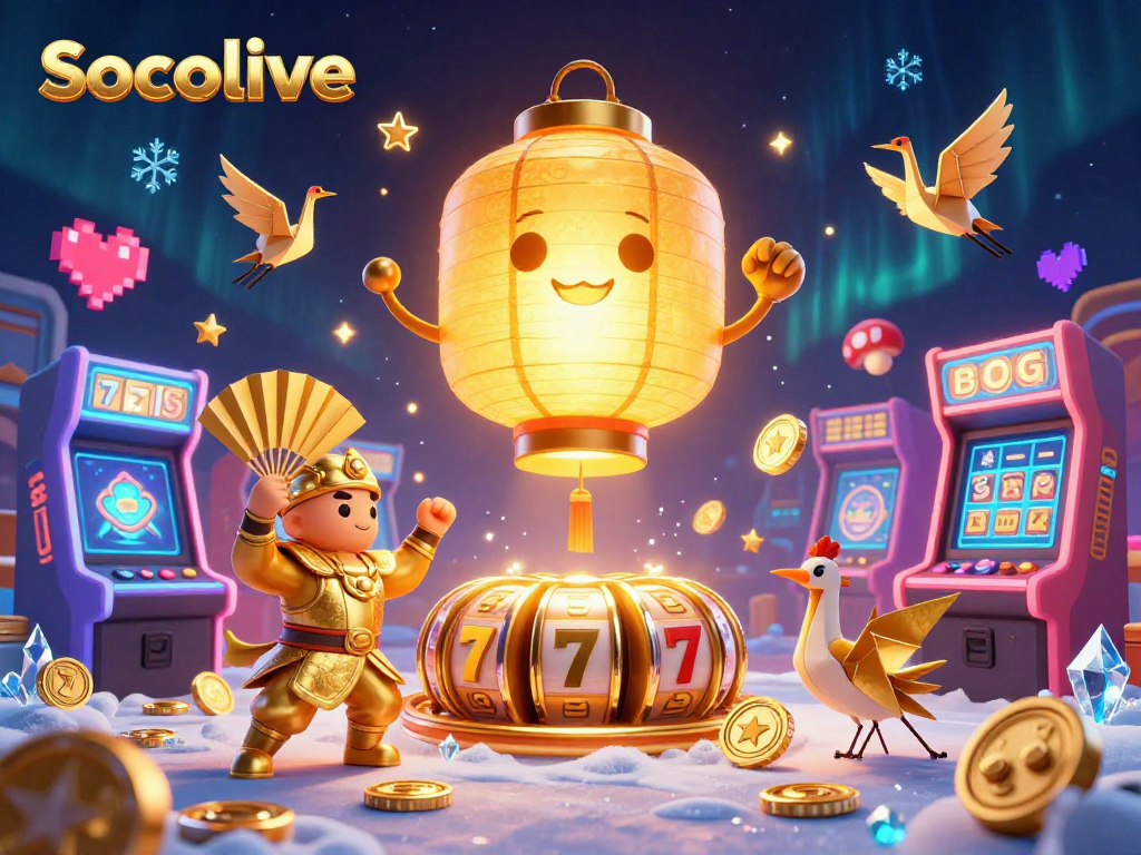 Socolive lights up the casino night with vibrant slot machines, a golden lantern spirit, and dynamic gaming elements.