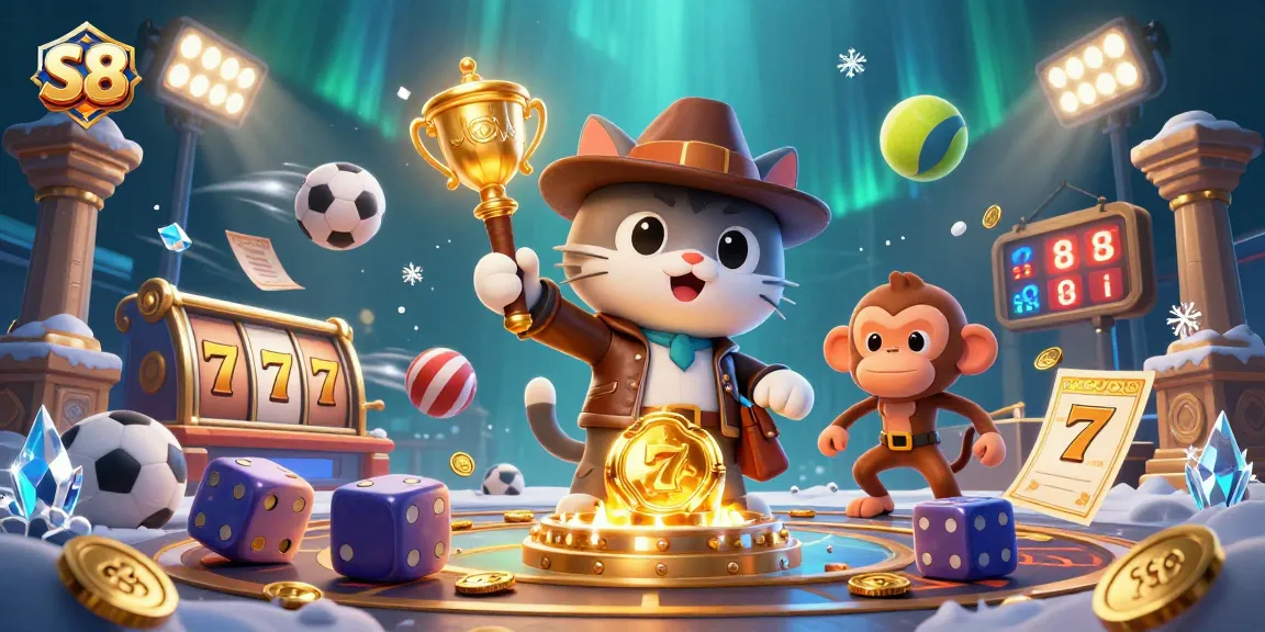 S8 showcases a cat archaeologist unearthing a golden casino artifact amidst a vibrant gambling adventure.