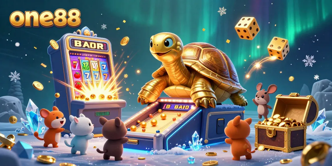 One88 offers an engaging casino experience with flashy slot machines, golden tortoises, and vibrant characters.