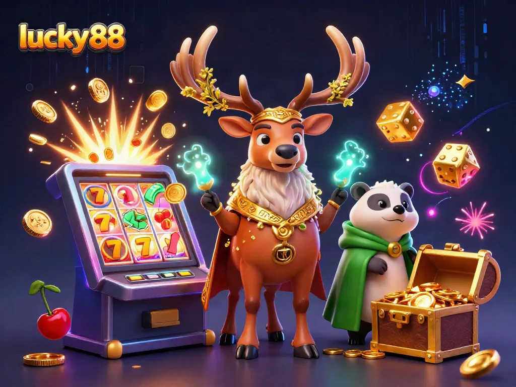 Experience the thrill with lucky 88 as mystical creatures and casino elements create a vibrant gaming atmosphere.