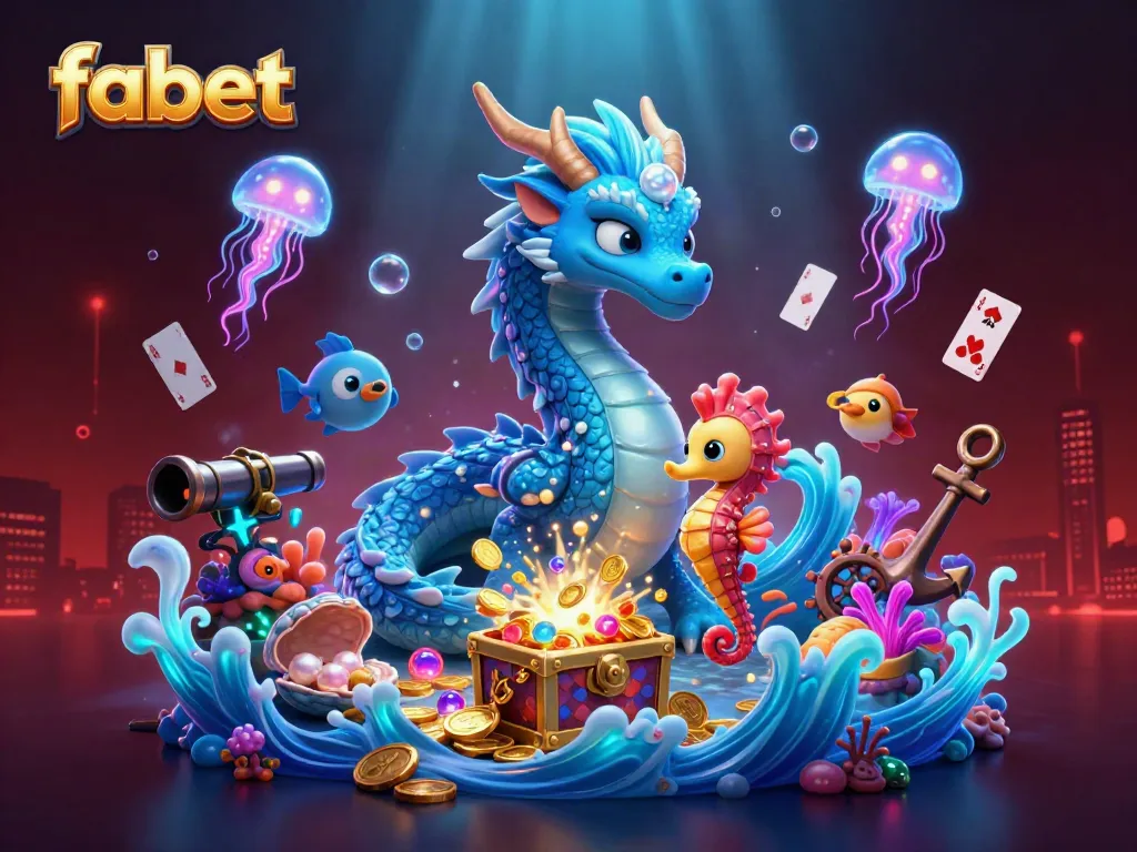Experience the thrill of winning at fabet with vibrant underwater casino-themed 3D illustration filled with treasure.