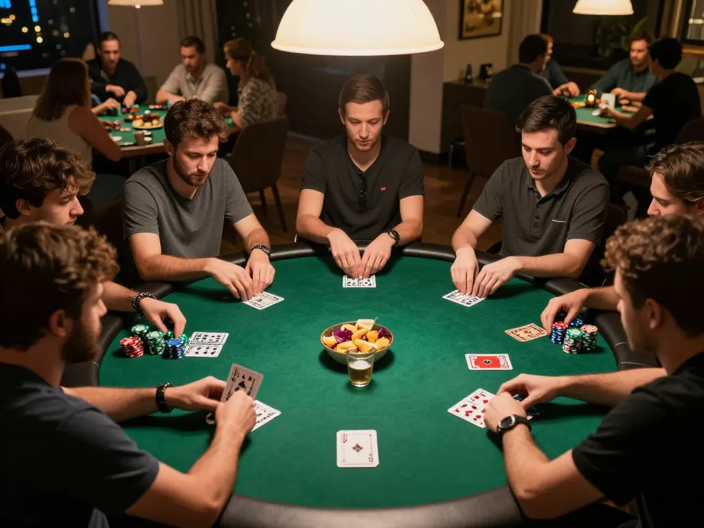 Players enjoy an exciting night of poker with QQ888 chips at a home game table, showcasing lively strategic gameplay.