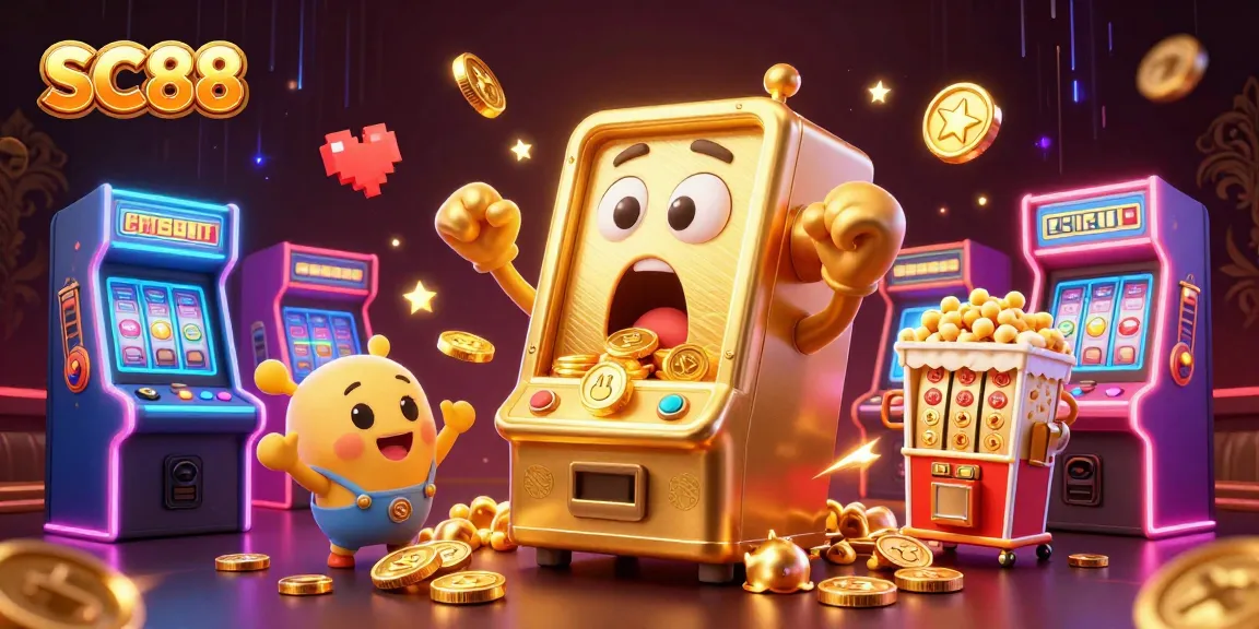 Experience the excitement of SC88 as a 3D golden slot machine hits the jackpot amidst a lively casino scene.