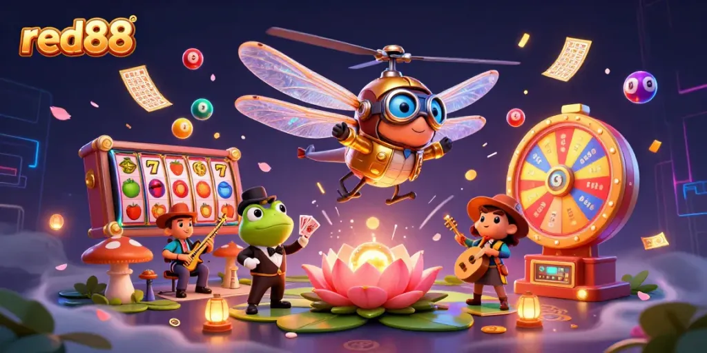 Experience red88's vibrant gaming atmosphere with a dazzling 3D casino scene featuring a dragonfly pilot and frog croupier.