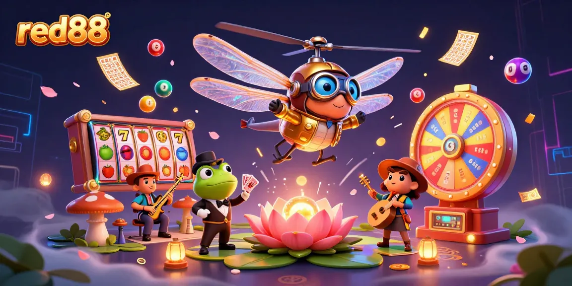 Experience red88's vibrant gaming atmosphere with a dazzling 3D casino scene featuring a dragonfly pilot and frog croupier.