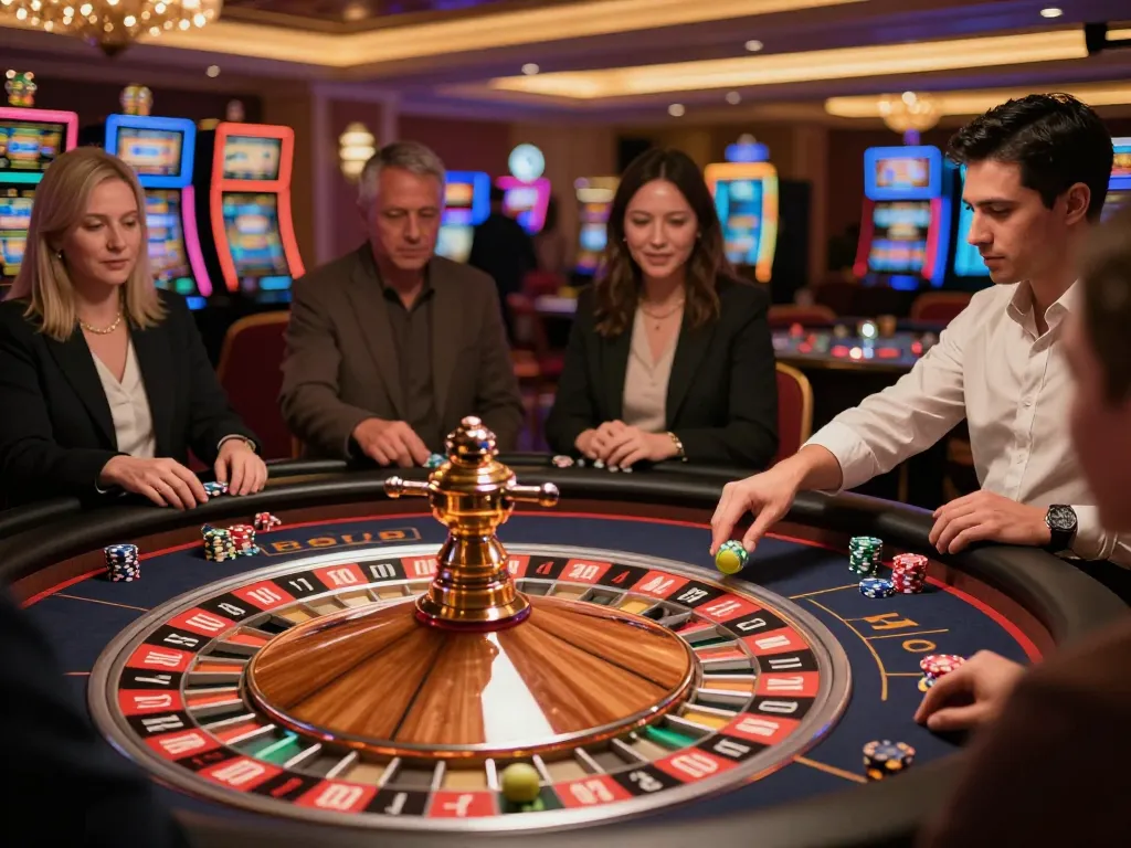 rokok88 kegembiraan dengan pemain yang terlibat di meja roulette di kasino yang vibrant