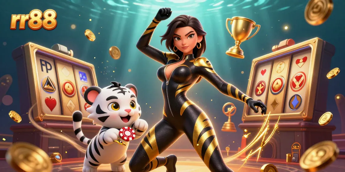 Engage in thrilling gameplay at rr88 with captivating slot reels, a stunning acrobat, and a playful tiger.