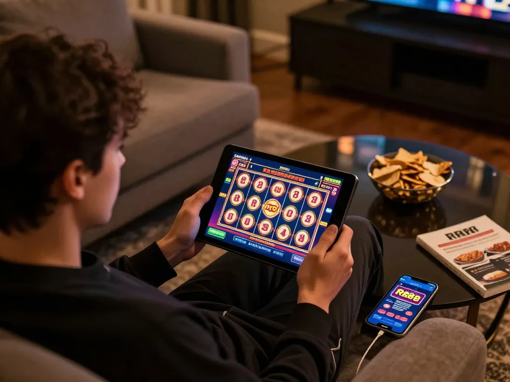 Engaged player spinning the reels on RR88 tablet, showcasing vibrant online casino excitement.