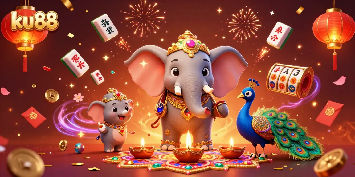 Engage with ku88's vibrant 3D casino scene featuring dynamic slot reels and festive decorations.