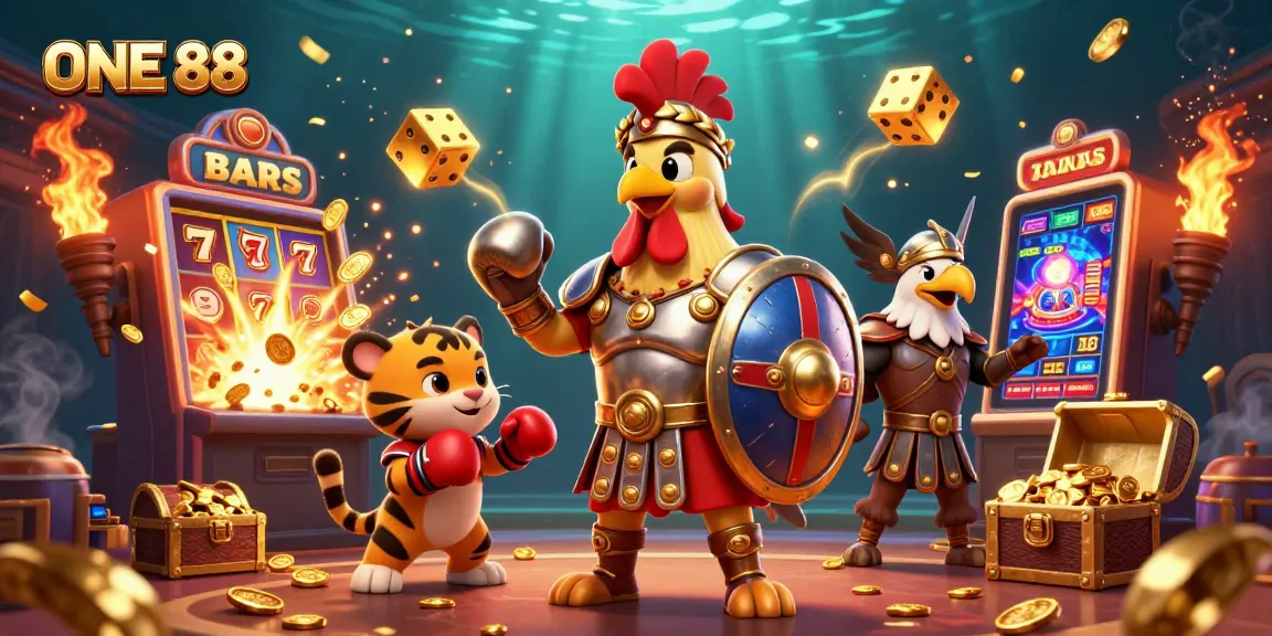 Experience thrilling moments with ONE 88 at an ultra-detailed casino scene featuring dynamic slot games and jubilant characters.
