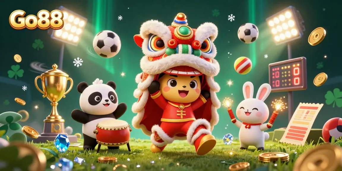 Experience winnings at Go88 with a vibrant 3D casino scene filled with engaging elements and festive characters