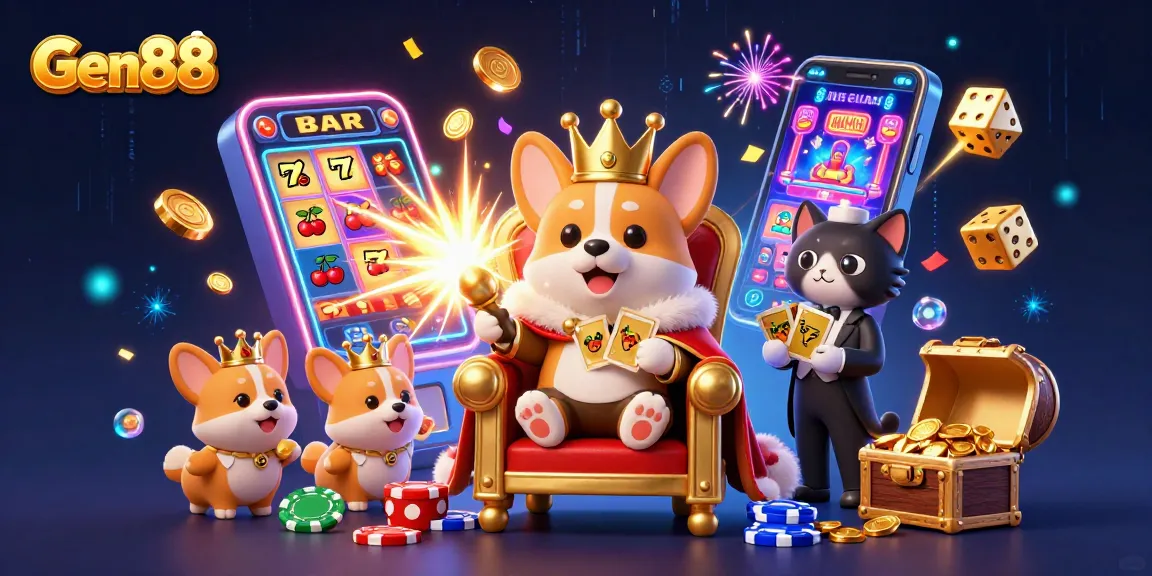 Win big at Gen88 with a vibrant 3D cartoon scene showcasing a royal corgi at a slot machine and golden cards.