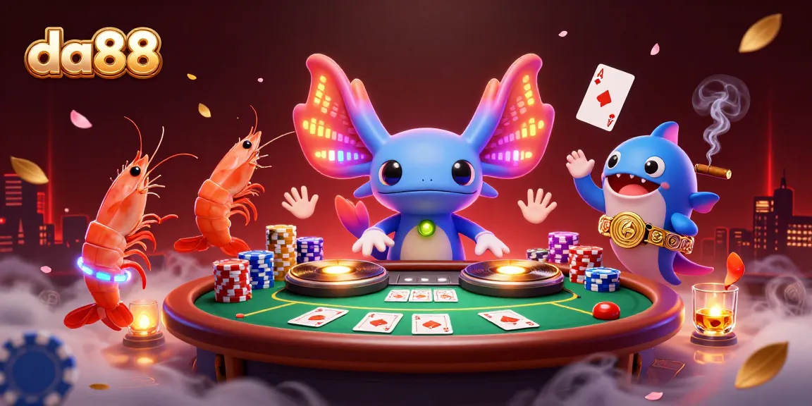 Experience excitement with da88's vibrant casino scene featuring a DJ axolotl and poker highlights.