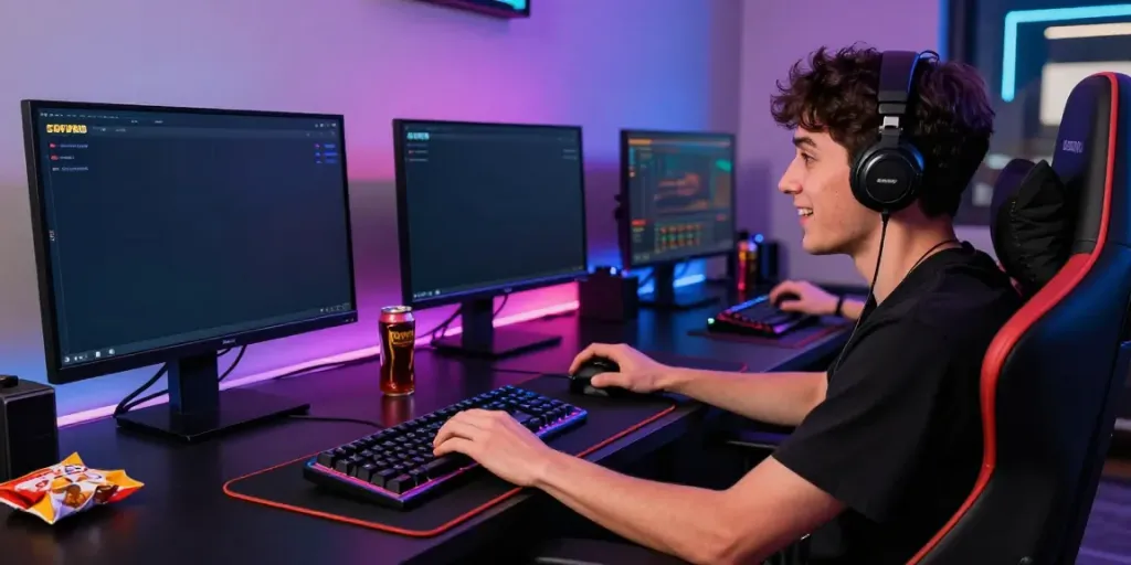 Gamer immersed in online gambling on SV88, showcasing vibrant gaming setup and excited atmosphere.