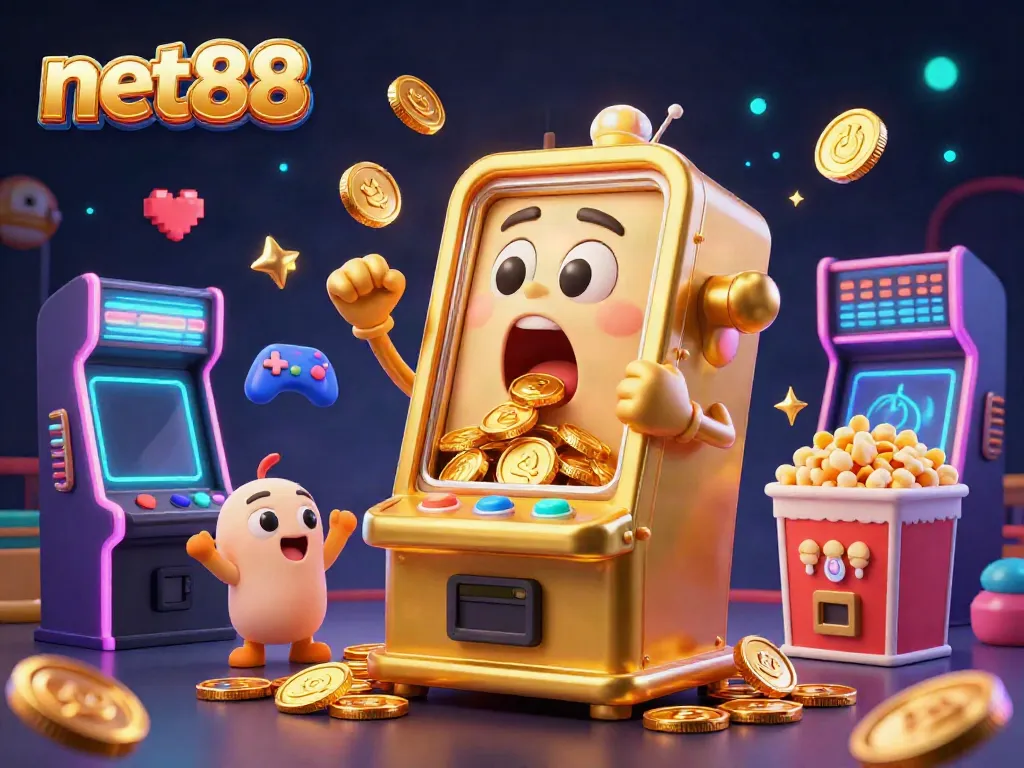 Experience the excitement of net88 with a vibrant scene of a golden slot machine winning a jackpot.