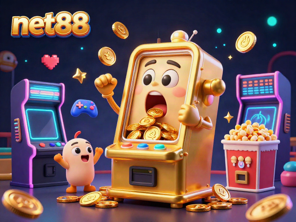 Experience the excitement of net88 with a vibrant scene of a golden slot machine winning a jackpot.