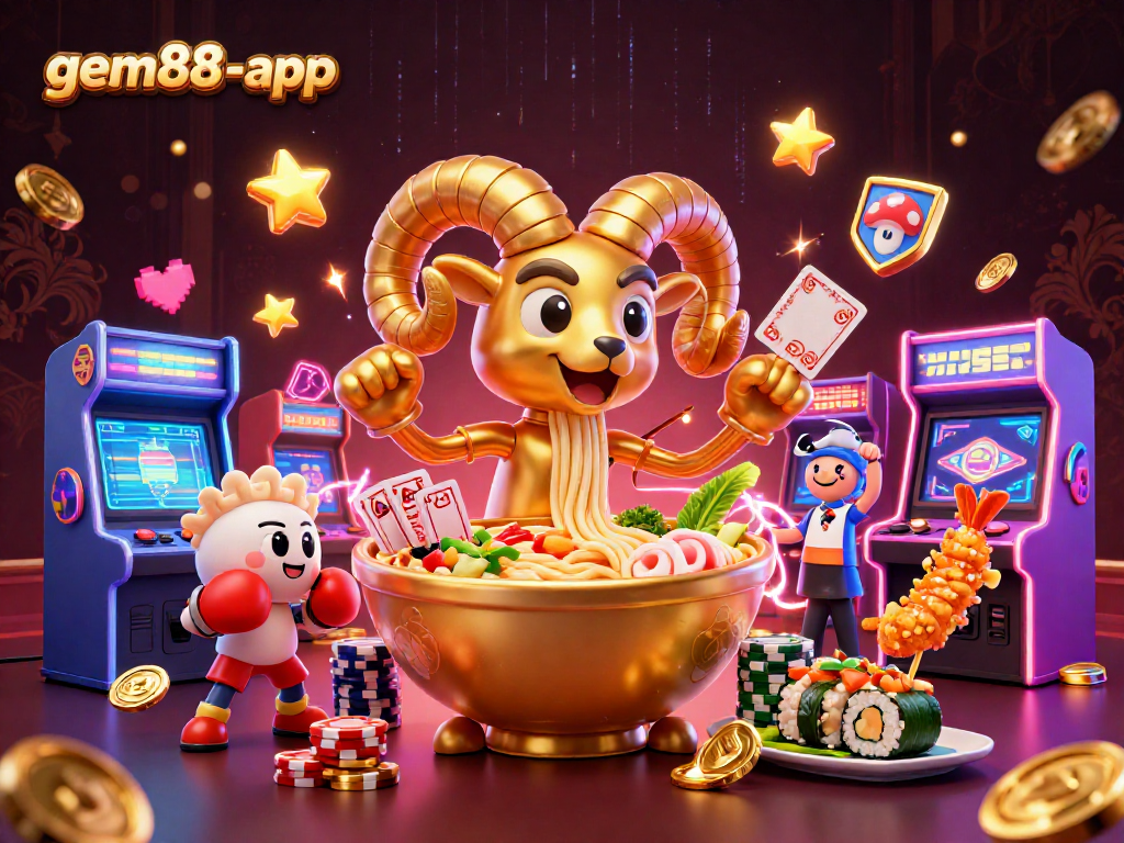 gem88-app showcases a lively casino atmosphere with cartoon characters and vibrant gaming elements.