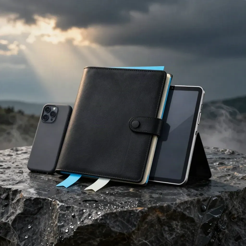 Auditní sada pro e-shop na mokrém kameni, černý folder, tablet, telefon a sponky v bouřkovém světle.