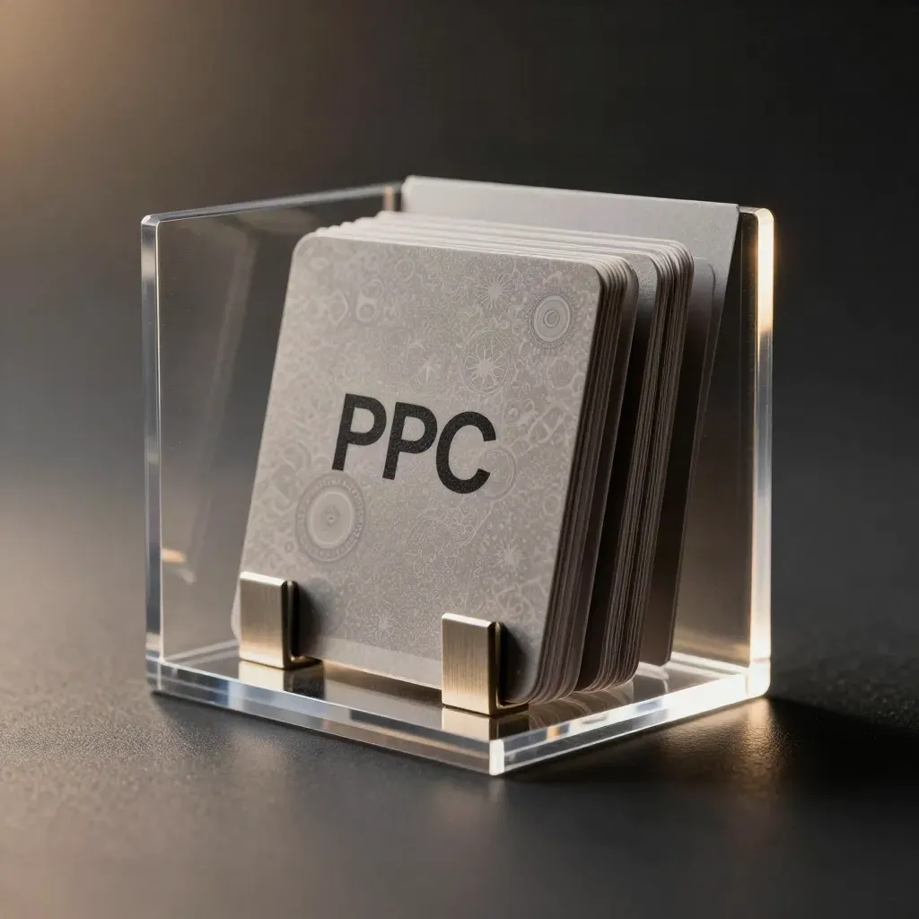Tmavý launch kit PPC s akrylovým blokem, kartami a kovovými distančními prvky v dramatickém světle.