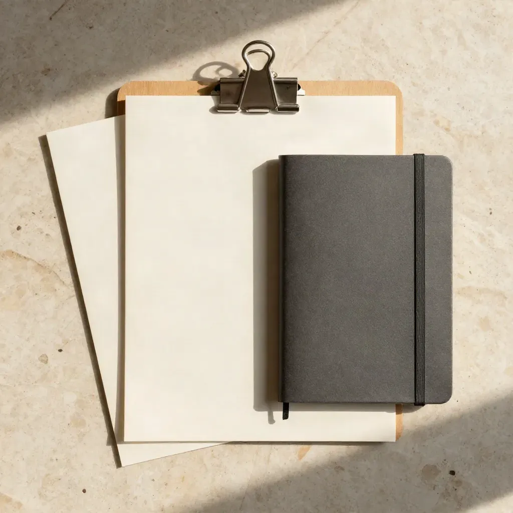 Pohled shora na auditní papíry, kovový klip a zavřený notebook na travertinové desce.
