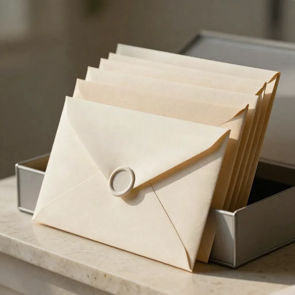 Pět odstupňovaných obálek a malý inbox box na světlé kamenné podložce.