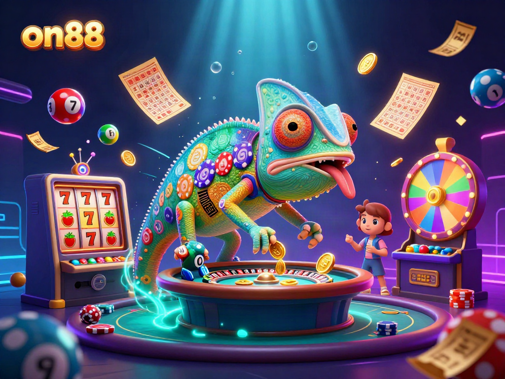Engage in thrilling games at on88's vibrant casino with colorful chameleon and dynamic lottery effects.