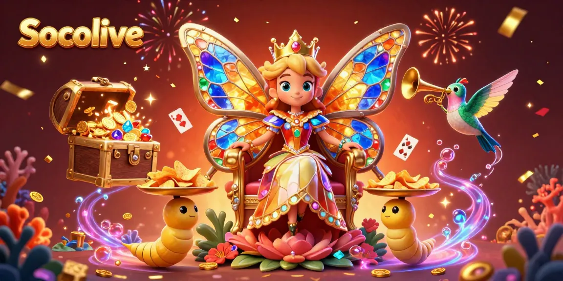 Socolive showcases a vibrant 3D illustration of a butterfly queen amidst casino elements, celebrating with golden chips and confetti.