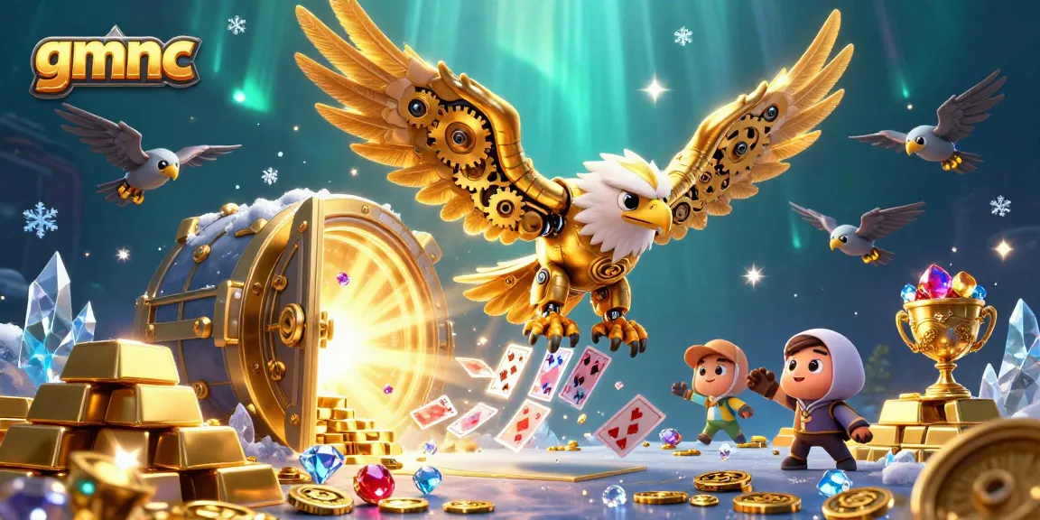 Experience gmnc's vibrant casino scene featuring a cybernetic eagle and holographic cards.