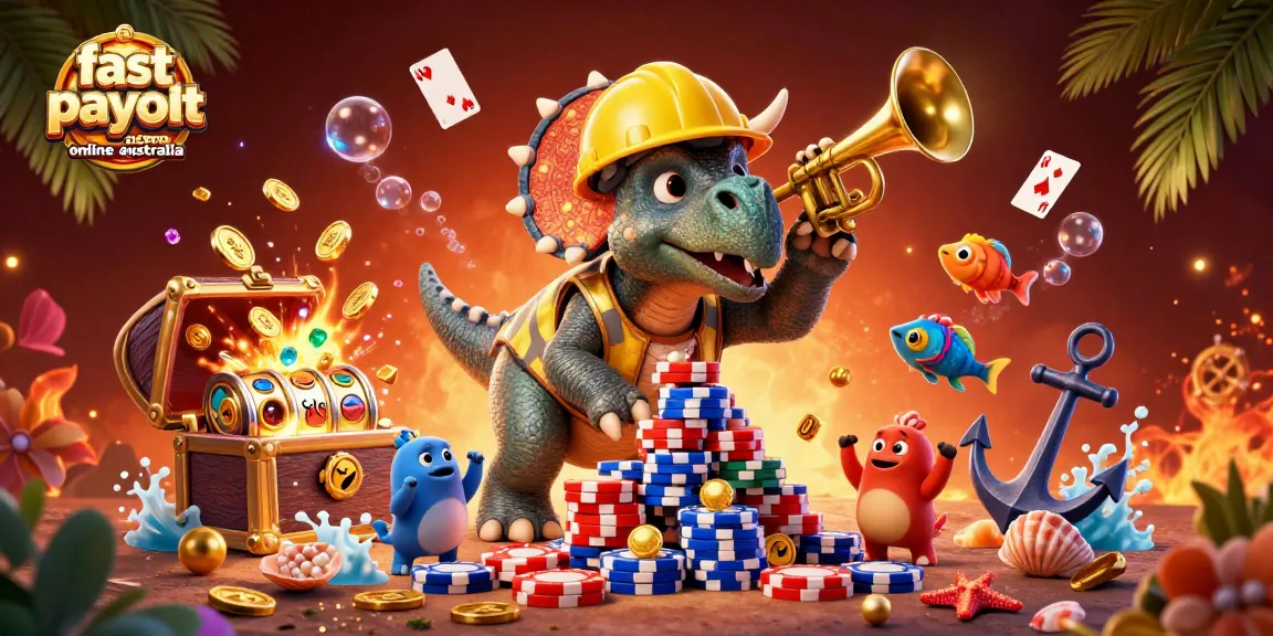 Fast payout casino online australia with a triceratops and parasaurolophus celebrating amidst vibrant gaming elements.