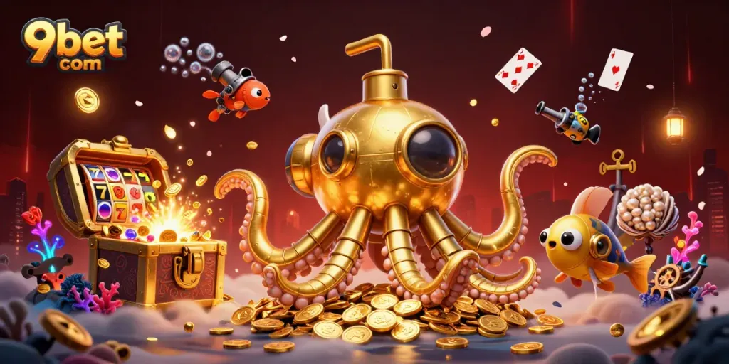 Engage with dynamic 9bet com casino visuals featuring a golden kraken submarine, slot reels, and vibrant treasures.