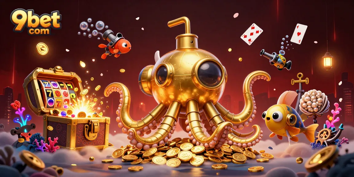 Engage with dynamic 9bet com casino visuals featuring a golden kraken submarine, slot reels, and vibrant treasures.