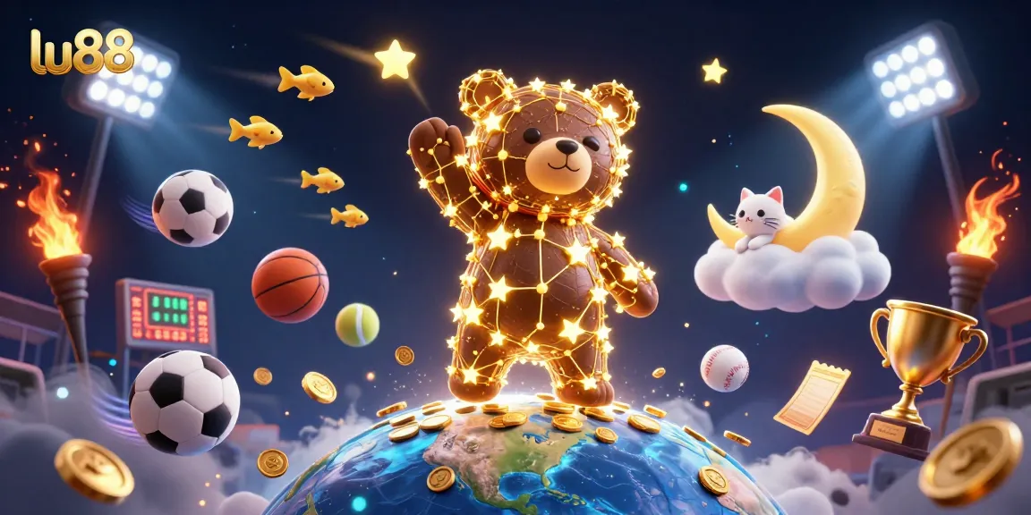 Experience vibrant excitement at lu88 with a constellation bear reaching for coins in a dynamic sports-themed scene.