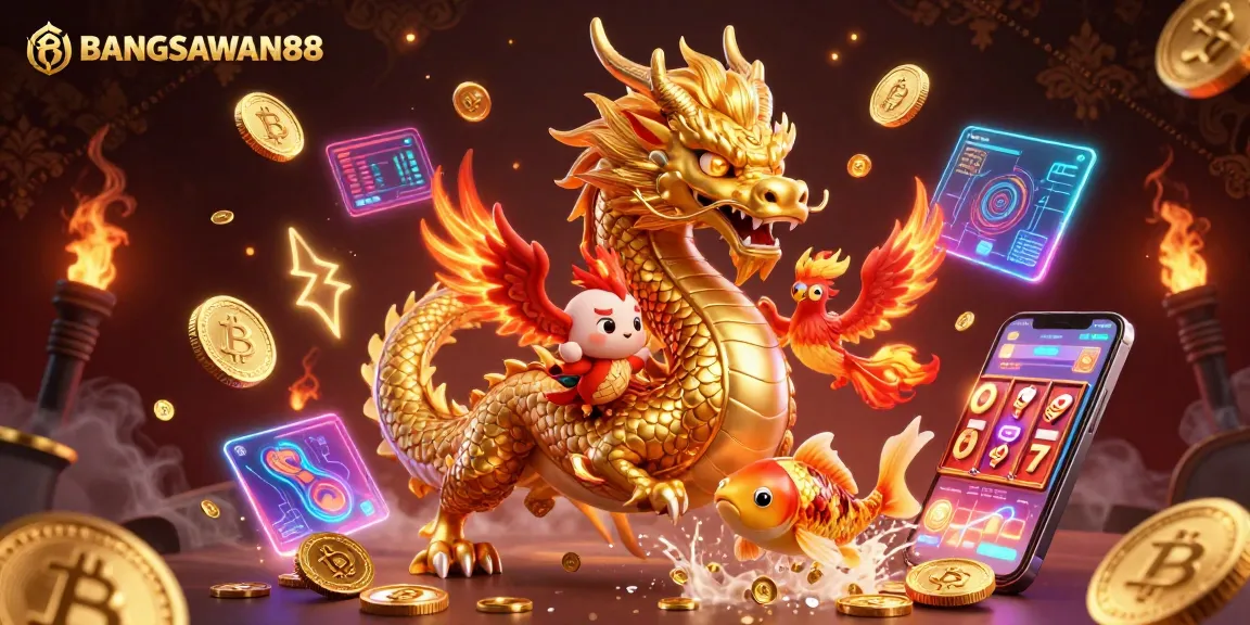 BANGSAWAN88 showcases vibrant gaming action with a dragon, phoenix, and koi fish among dazzling casino elements.