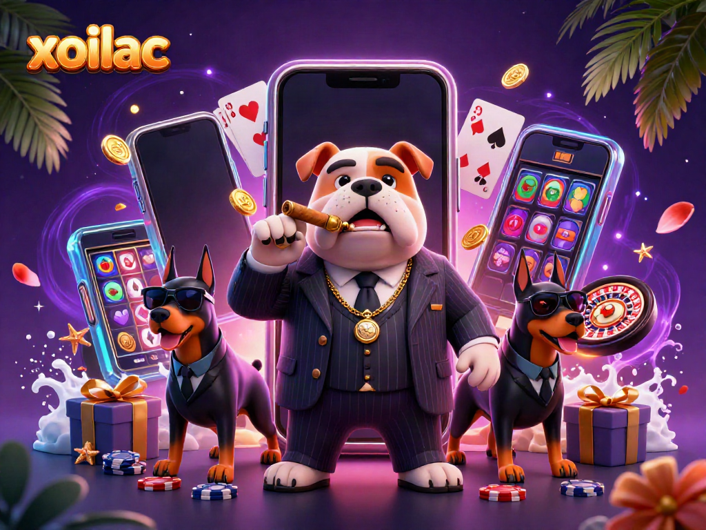 Xoilac showcases vibrant online gambling action with a mafia boss bulldog and his Doberman bodyguards.