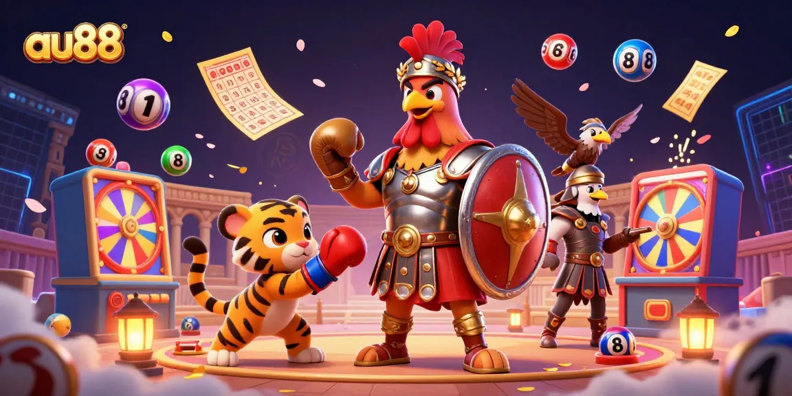 Engage in thrilling gameplay at au88, featuring a lively scene of a gladiator rooster ready to gamble.