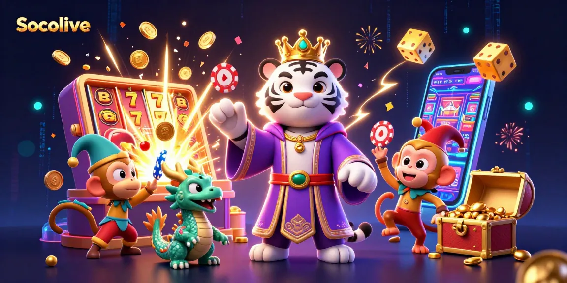 Socolive launches exciting slot action with a tiger, monkey, and a vibrant casino scene.