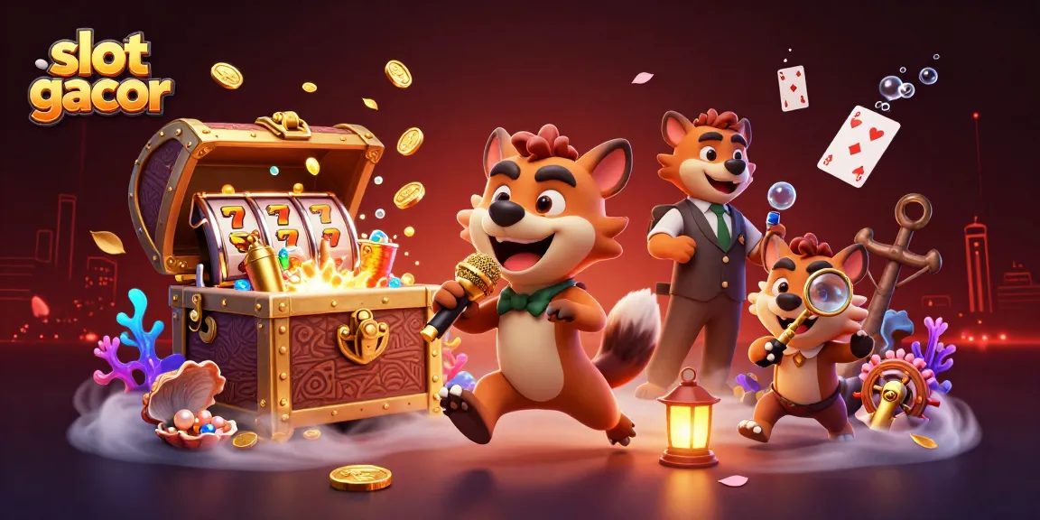 Engage with slot gacor at a lively comedy casino scene featuring hyenas and dynamic game elements.