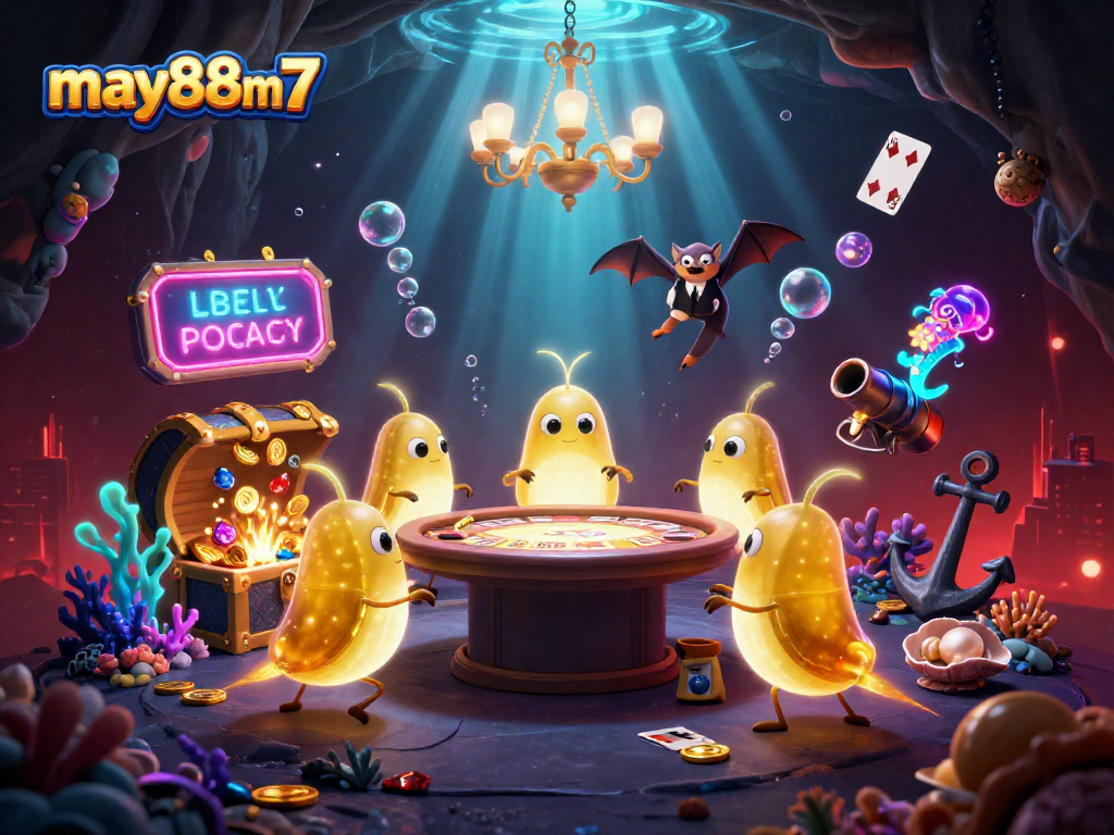 Light up your gaming experience at may88m7 with a vibrant glowing casino scene featuring bioluminescent characters.