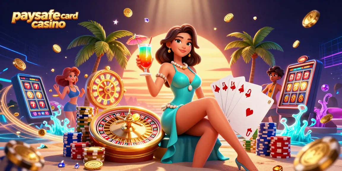 Illustration eines Paysafe Card Casinos mit asiatischer Frau und Cocktail, umgeben von Casino-Elementen.