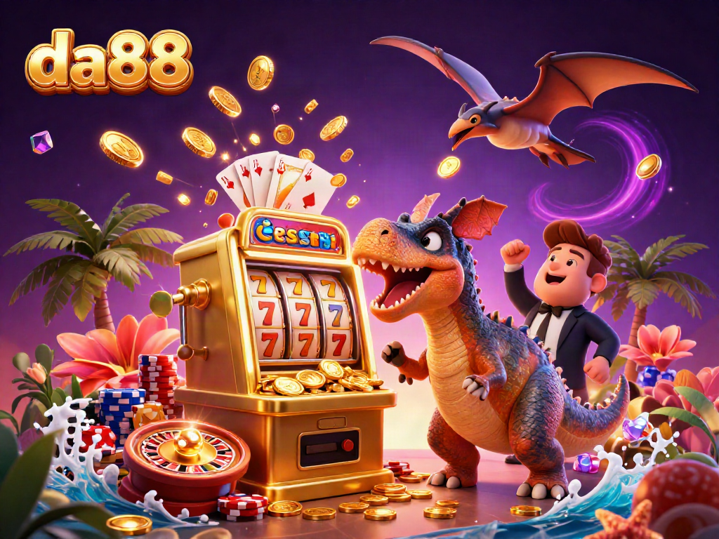 da88 jackpot scene with a pachycephalosaurus hitting a slot machine and coins flying around