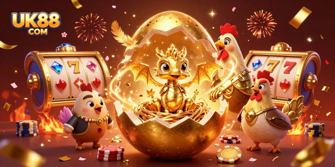 Play exciting slots at UK88 COM with a golden dragon and poker chips in a vibrant casino scene.