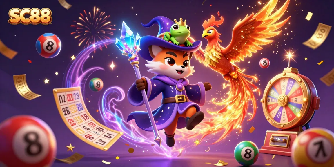 Engage with SC88's magical gaming adventure featuring a wizard fox, phoenix, and vibrant lottery elements.