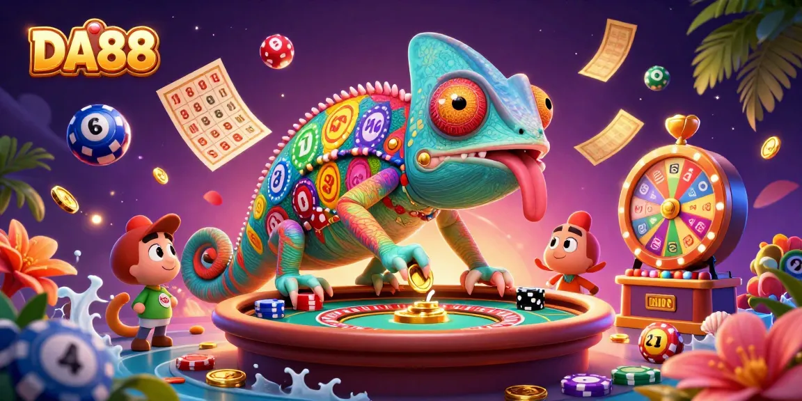 Engage in DA88 excitement with a vibrant 3D chameleon casino scene filled with dynamic gaming elements.
